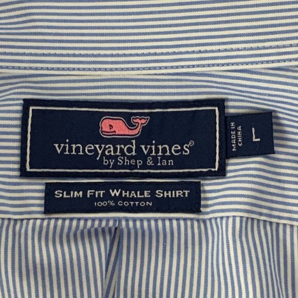 Vineyard Vines Slim Fit Whale Shirt Large Blue White Stripe Cotton Button Down - Picture 4 of 7